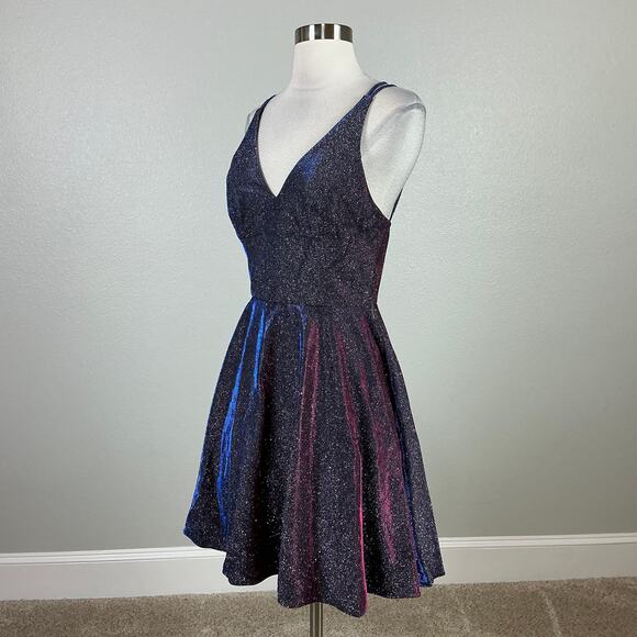 XSCAPE Glitter Knit Mini Fit and Flare Size 10 Black Iridescent Strappy Back - Picture 5 of 14